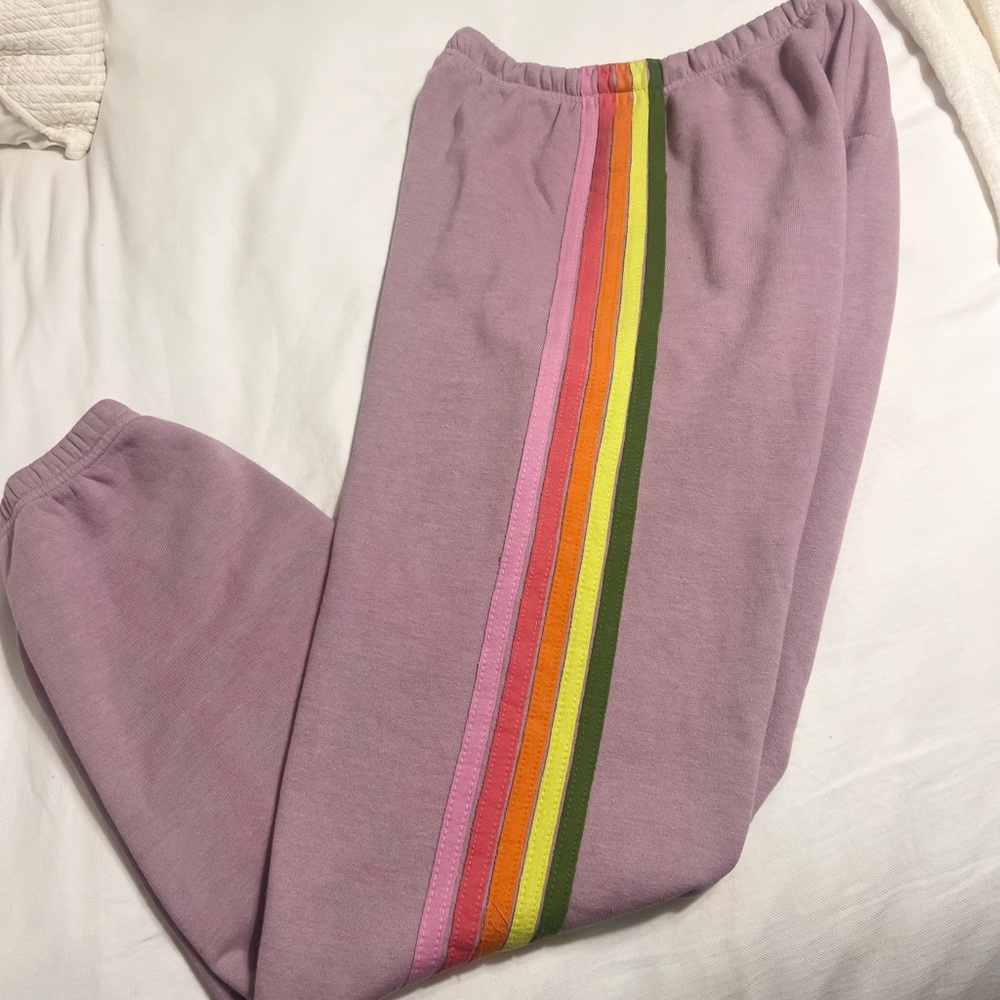 Aviator Nation Purple Track Pants with Rainbow Stripes